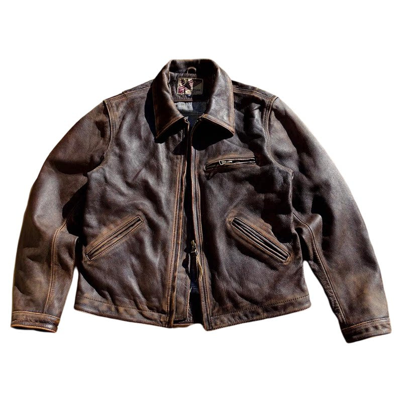 Stone-Washed Distressed Cowhide Leather Jacket – Men's American Retro Cargo Coat