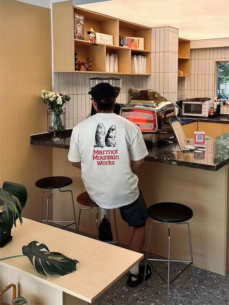 Joint groundhog print loose casual heavyweight short sleeve T-shirt for men