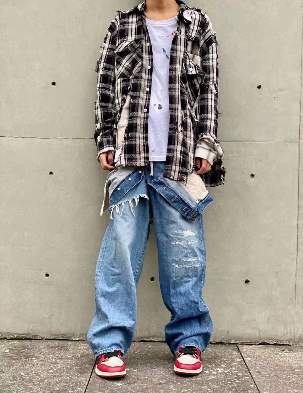 Japanese black and white checkered distressed double-layer shirt jacket