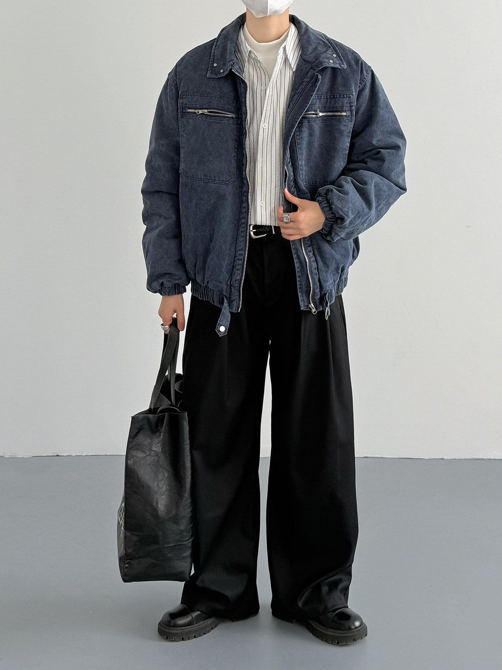 Vintage Distressed Padded Denim Jacket – Oversized Men’s Zipper-Trim Quilted Trucker Coat