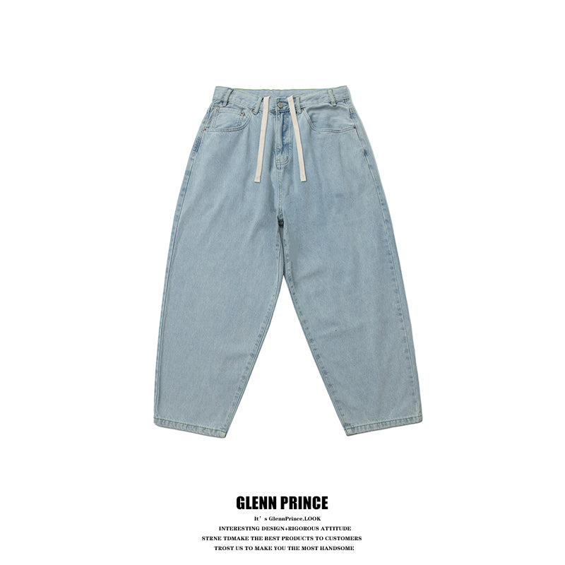 Japanese vintage distressed drawstring straight jeans men's autumn versatile handsome youth wide-leg pants