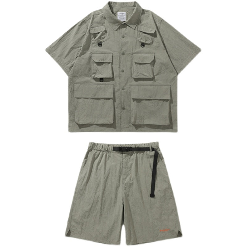 Summer outdoor functional wind three-proof fabric multi-pocket workwear wind multi-pocket loose shirt shorts suit men's wear