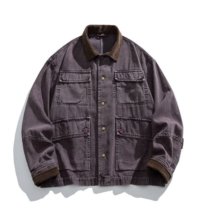 Cotton Cargo Jacket – Corduroy Collar & Four Pockets | Yamalin clothes | Vintage workwear outfit for men