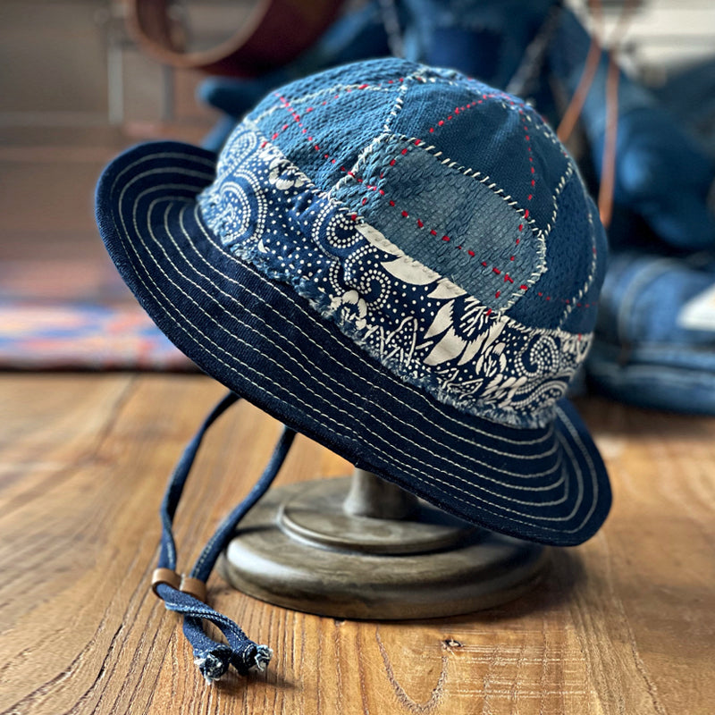 Japanese handmade blue dye patch ribbon fisherman hat Kendo cloth basin hat men and women hats general
