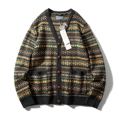 Nordic Fair Isle Knit Cardigan – Wool Blend Jacquard Men – Japanese vintage | yamalin clothes | Yamalinclothes