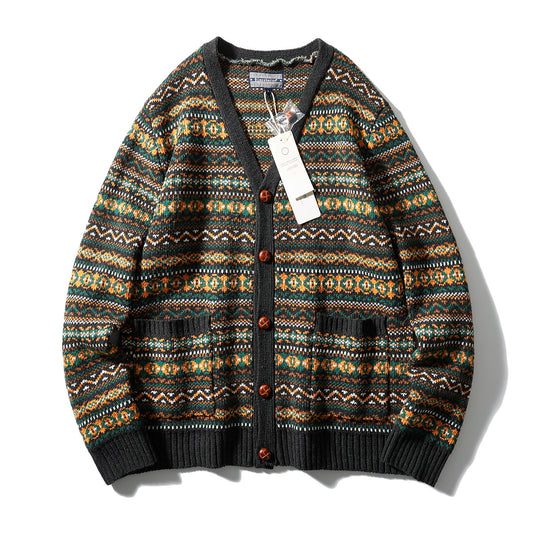 Nordic Fair Isle Knit Cardigan – Wool Blend Jacquard Men – Japanese vintage | yamalin clothes | Yamalinclothes