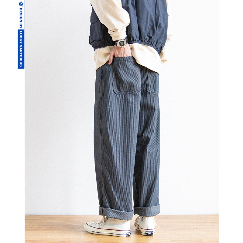 Japanese striped men's pants, trendy loose straight pants, retro wide-leg casual pants, cargo pants, men's and women's literary fan wide-leg pants