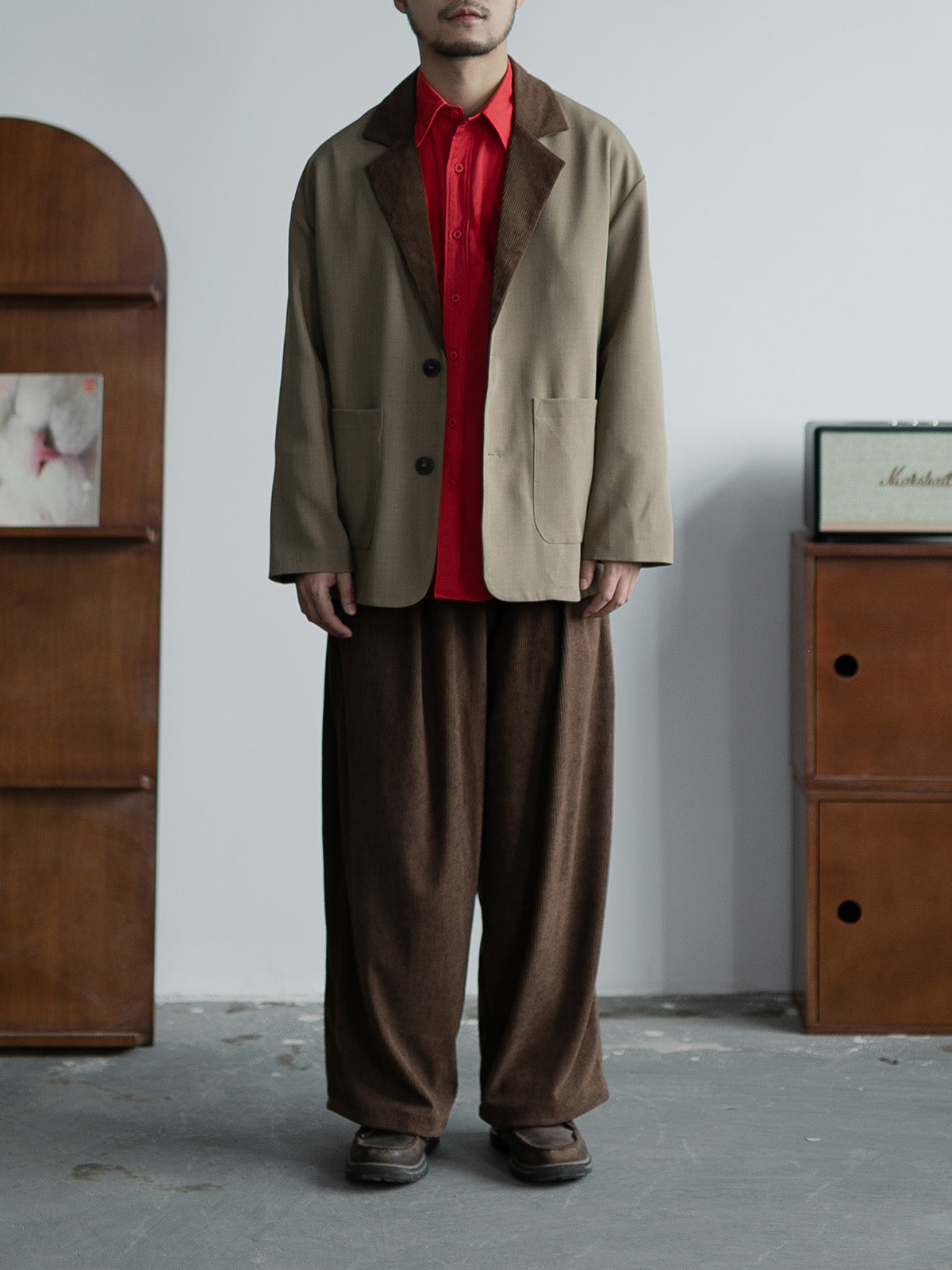 Spring and Autumn New corduroy collar casual suit for men loose profile high-class suit color matching outer