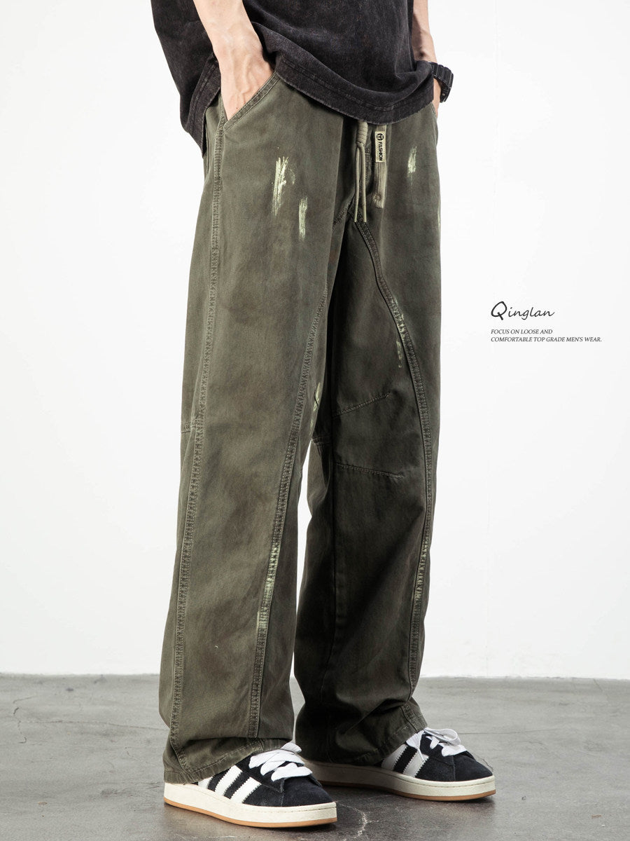 Army Green Straight Loose Elastic Waist Workwear Jeans – Unisex Casual