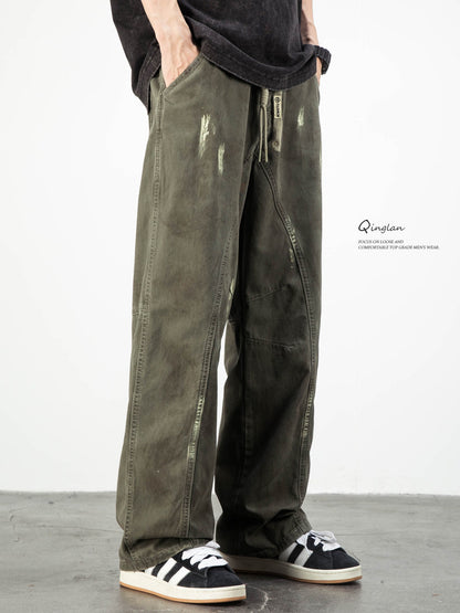 Army Green Straight Loose Elastic Waist Workwear Jeans – Unisex Casual
