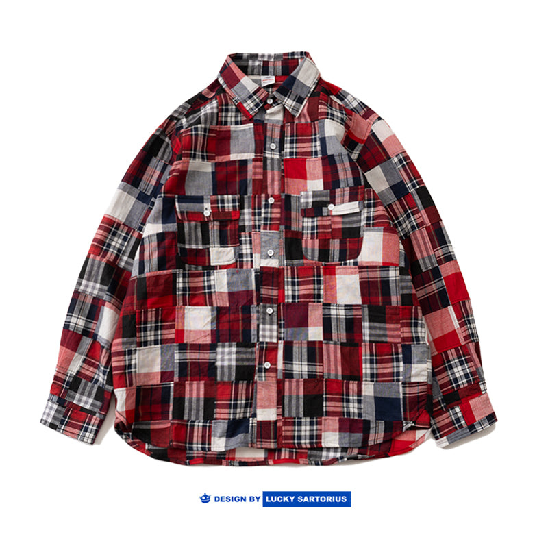 Japanese retro loose casual hundred cloth splicing red plaid shirt