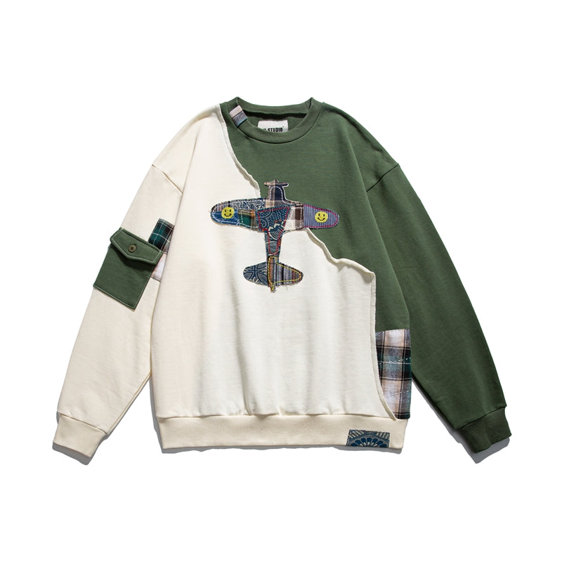 Original design Japanese retro workwear stitched sweatshirt Spring casual distressed tops for men and women