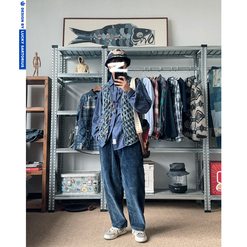 Hand-woven cut-out casual loose denim vest jacket for young men and women