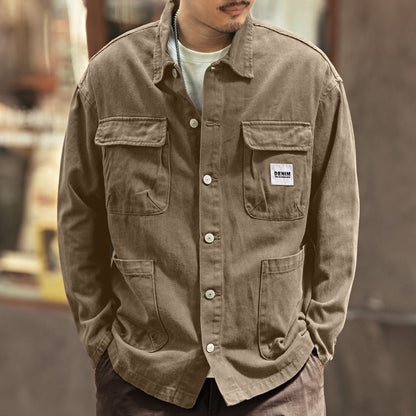 Vintage Chore Jacket Men – Washed Cotton Loose Cargo Workwear Shirt Jacket