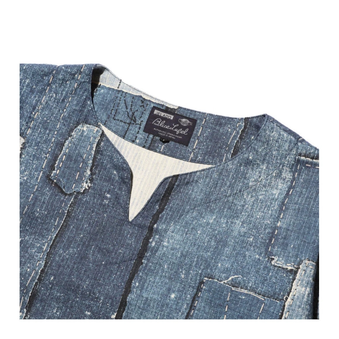 24AW Japanese retro men's and women's printed denim stitching destroyed collarless loose pullover long-sleeved shirt