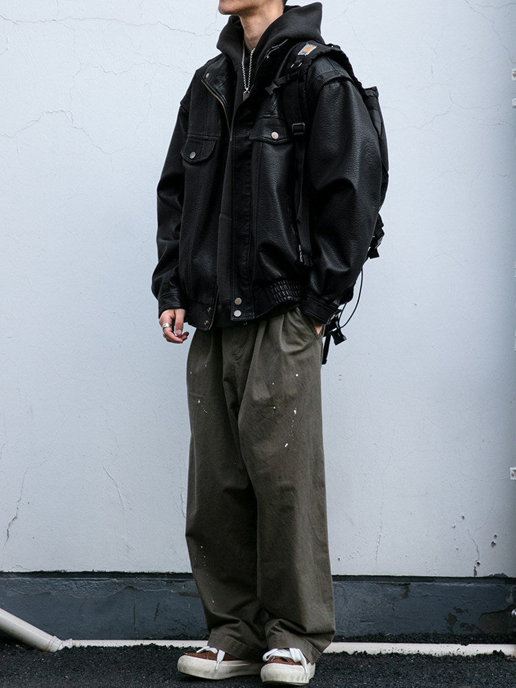 American Vintage Pebbled Leather Moto Jacket – Oversized Stand Collar Men's Coat