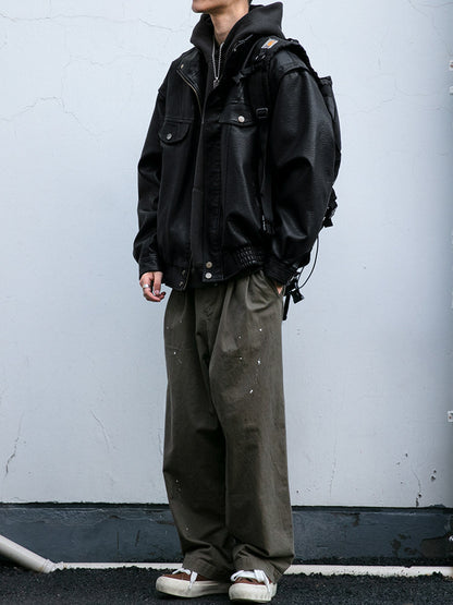 American Vintage Pebbled Leather Moto Jacket – Oversized Stand Collar Men's Coat