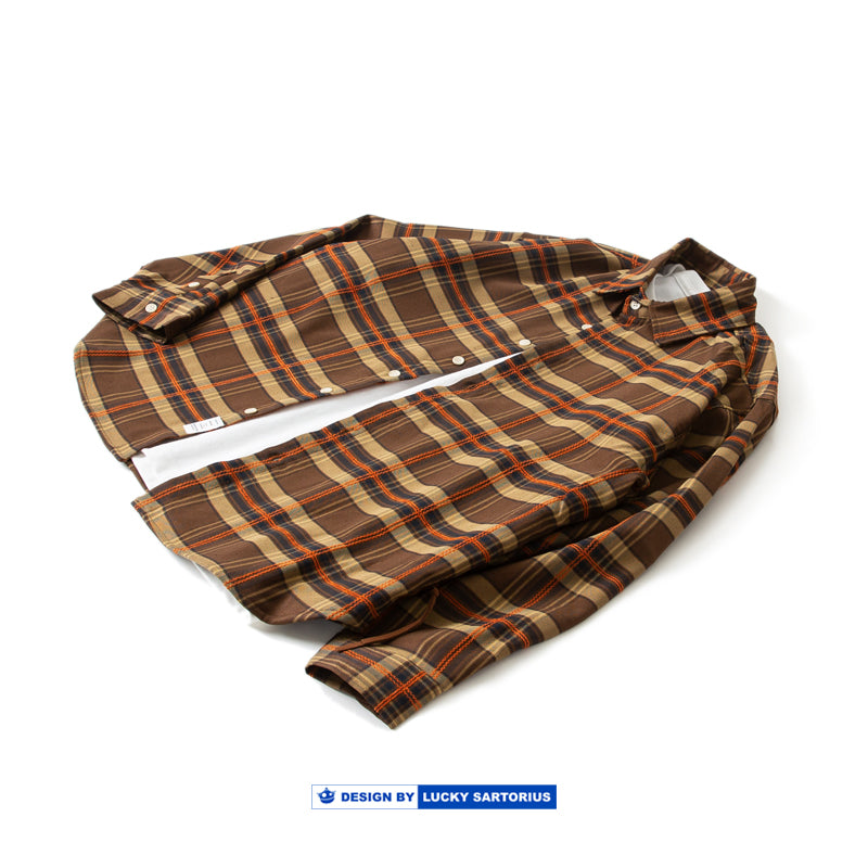 Japanese cityboy loose fit brown    plaid long sleeve shirt