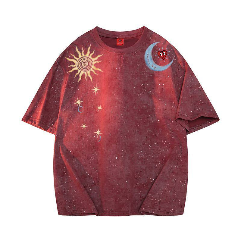 Tie-Dye Sun Moon Print T-Shirt – Loose Unisex Summer Streetwear
