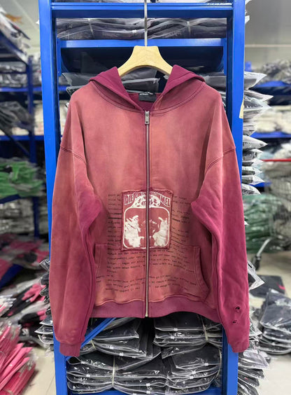 Washed Distressed Zip-Up Hoodie – Men's Oversized Casual Sweatshirt Jacket