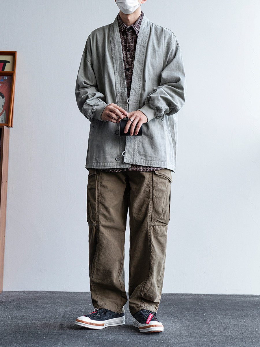 Solid Cotton V-Neck Robe Jacket – American Retro Oversized Unisex – Japanese vintage | fall outfits 2026 | fall winter outfits | classy winter outfits | lazy comfy outfits | japanese streetwear | vintage workwear | yamalin clothes | Yamalinclothes