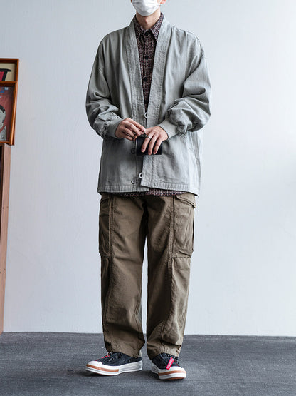 Solid Cotton V-Neck Robe Jacket – American Retro Oversized Unisex – Japanese vintage | fall outfits 2026 | fall winter outfits | classy winter outfits | lazy comfy outfits | japanese streetwear | vintage workwear | yamalin clothes | Yamalinclothes