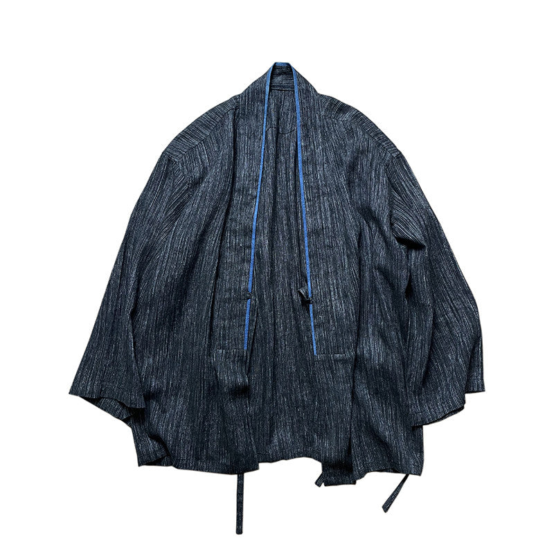Indigo-Dyed Cotton Linen Haori Lace-Up Jacket – Chinese Japanese Unisex – Japanese vintage | yamalin clothes | Yamalinclothes