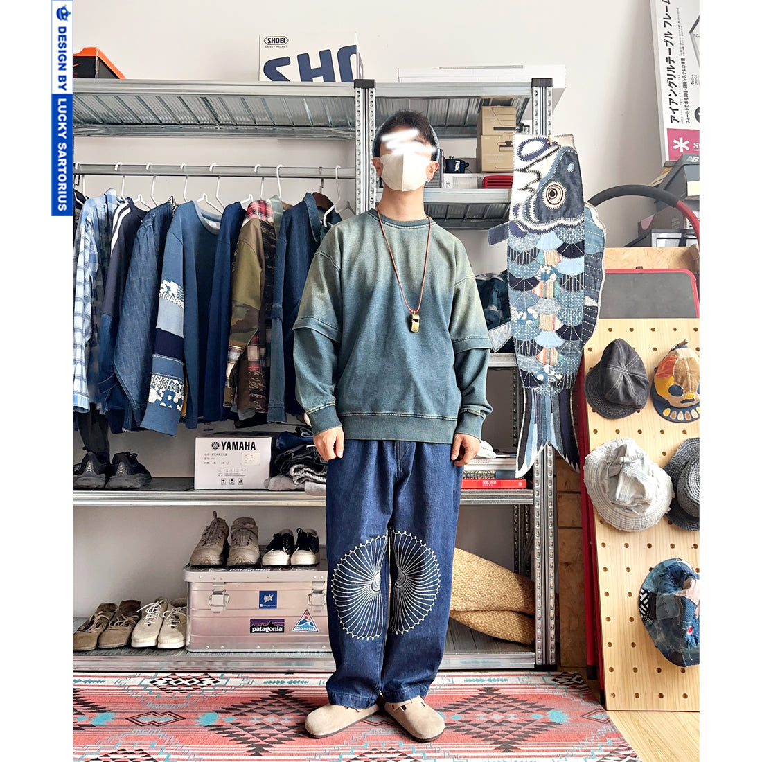 Japanese men's heavy washing fake two-piece sleeve round collar pullover long-sleeved sweater