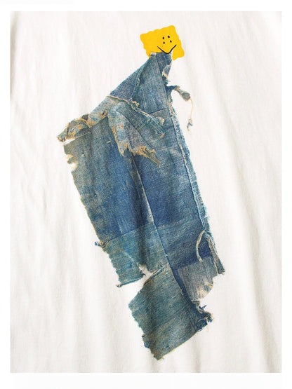 26SS Japanese Artisan Cotton Denim Smiley Face Print Loose Crew Neck Short Sleeve T-Shirt | Japanese vintage | yamalin clothes | Yamalinclothes