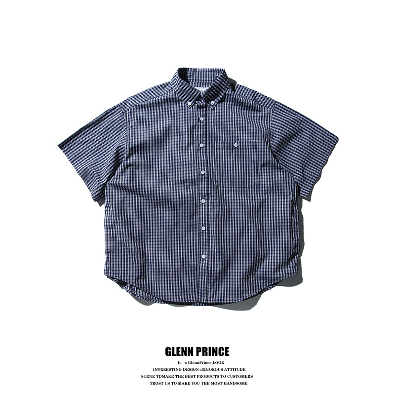 Japanese cityboy plaid lapel short-sleeved shirt boys Korean commuter silhouette trendy brand shirt