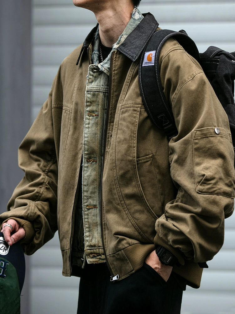 Vintage Washed Leather-Collar Cargo Jacket – Loose Barn Style (Unisex)