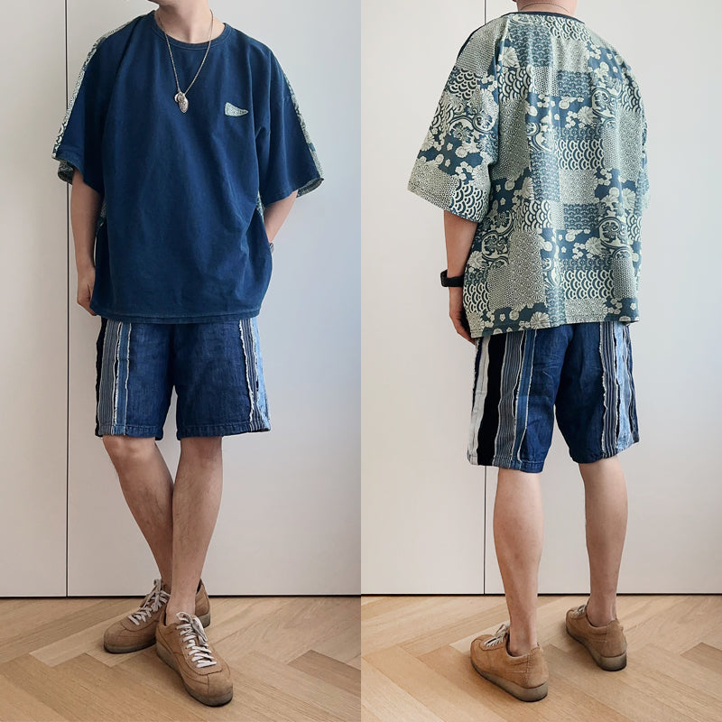 Japanese Vintage ethnic style front and rear splicing Indigo washed cotton short-sleeved T-shirt