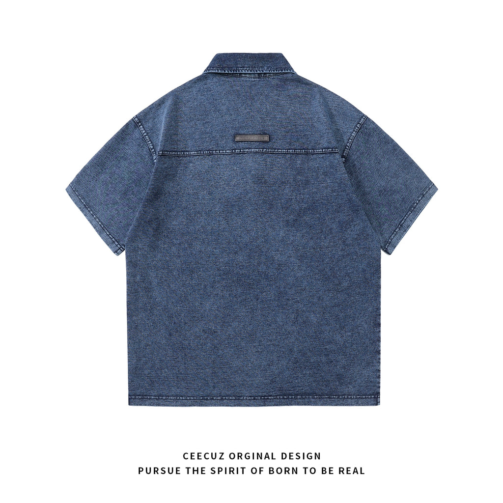 drape 250g terry knit polo shirt summer thin American lapel denim short sleeve T-shirt men