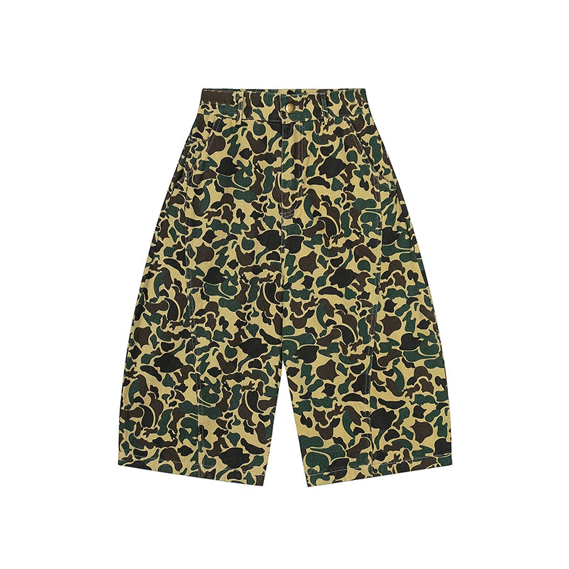 American retro camouflage jeans shorts, men's fashionable summer loose straight pants, street cropped pants