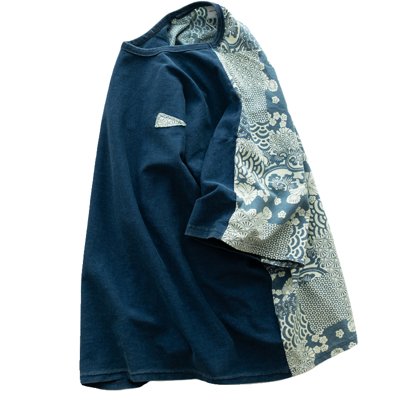 Japanese Vintage ethnic style front and rear splicing Indigo washed cotton short-sleeved T-shirt