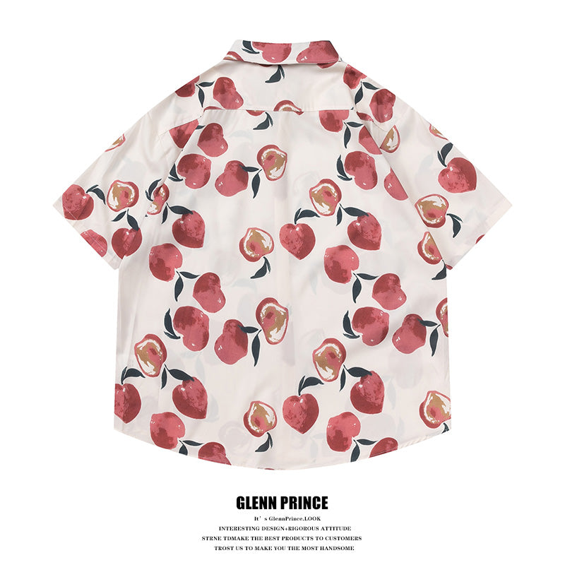 Japanese Hawaiian Peach Full Print Short Sleeve Shirt Men's Summer Hong Kong Style Couple Half Sleeve Flower Shirt