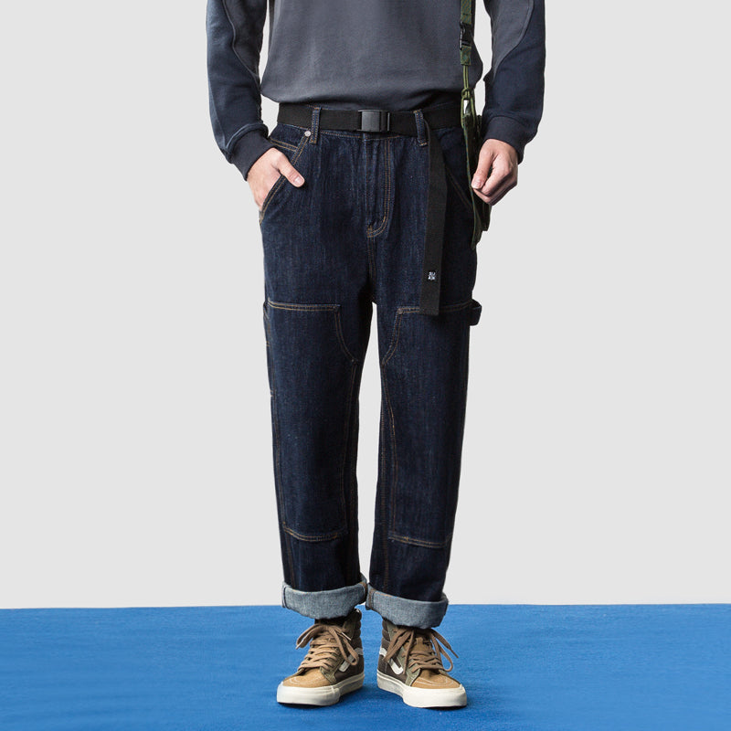 Japanese work style knee patch loose straight pants, old man jeans