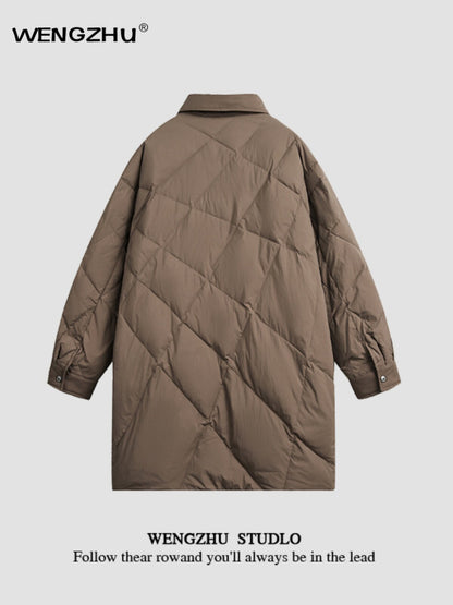 "Designer Brand" Unisex Diamond Plaid Lapel Down Jacket Mid-length Jacket Trendy