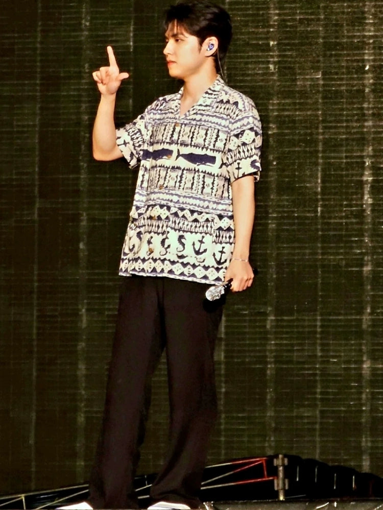 Japanese casual cotton and linen blend navy whale print Cuba collar short sleeve shirt