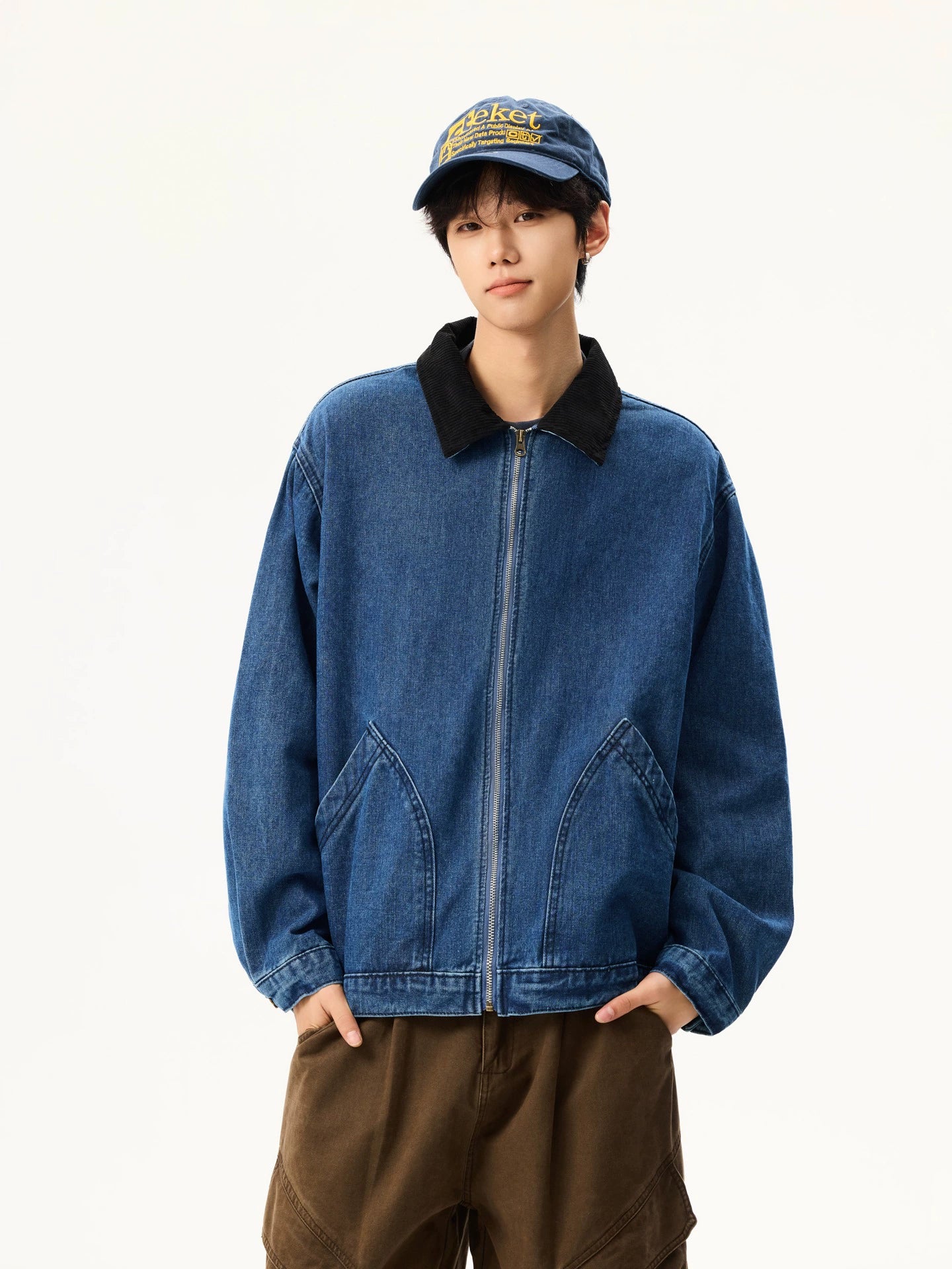 Vintage Washed Distressed Blue Short Lapel Jacket – Workwear Style (Unisex)