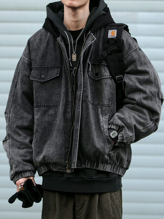 Washed Hooded Denim Patchwork Cotton Jacket – Drop Shoulder Loose Workwear Unisex – Coats Jackets | japanese streetwear | vintage workwear | unisex | Yamalinclothes