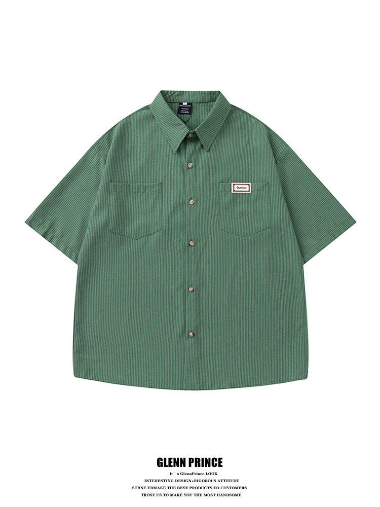 Japanese fashion brand embroidered vertical stripe short sleeve shirt men's summer thin casual and versatile silhouette shirt