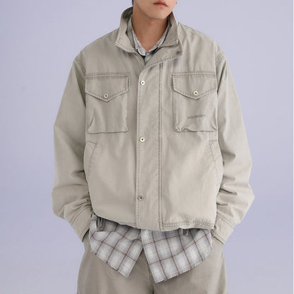 American Retro Stand Collar Cargo Jacket – Loose Unisex Autumn