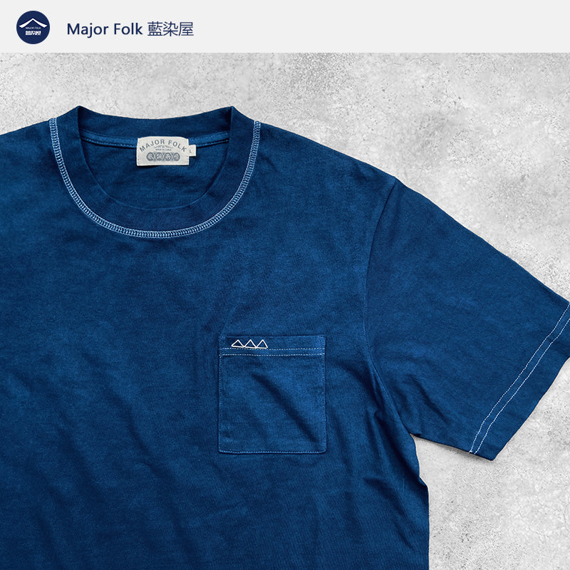 Plant indigo dyeing triangular sashiko embroidery pocket indigo short-sleeved solid color round neck T-shirt indigo men