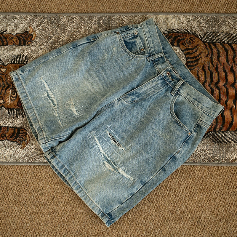 Japanese cityboy loose straight patch embroidered patch washed distressed denim shorts men's and women's trend