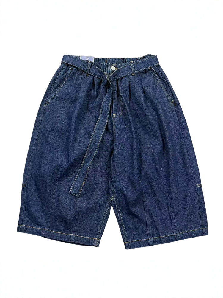 Japanese vintage washed distressed loose straight-leg denim shorts Cityboy high street elasticated waist casual shorts
