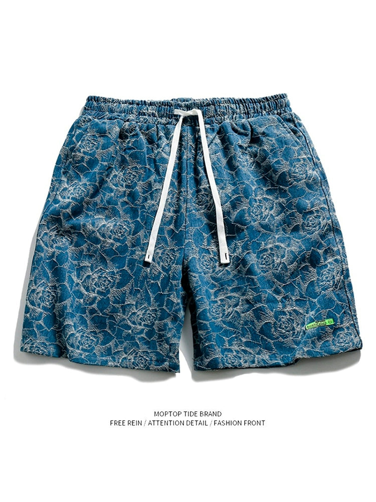 retro rose jacquard texture casual denim shorts men ins street hip-hop straight