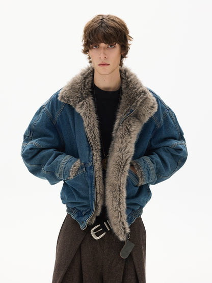 American Vintage Deconstructed Washed Denim Fur-Collar Jacket – Oversized Unisex Trucker Coat