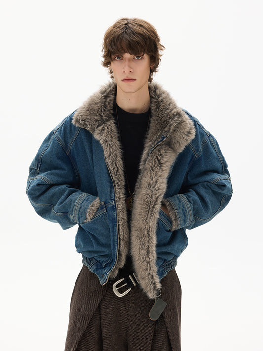 American Vintage Deconstructed Washed Denim Fur-Collar Jacket – Oversized Unisex Trucker Coat – Japanese vintage | yamalin clothes | Yamalinclothes