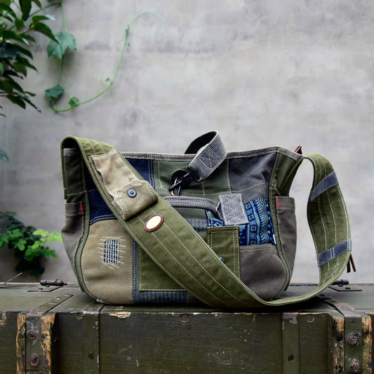 Heavy industry thickened canvas splicing Baijia cloth one-shoulder crossbody bag newsboy bag men's casual bag women's 8700